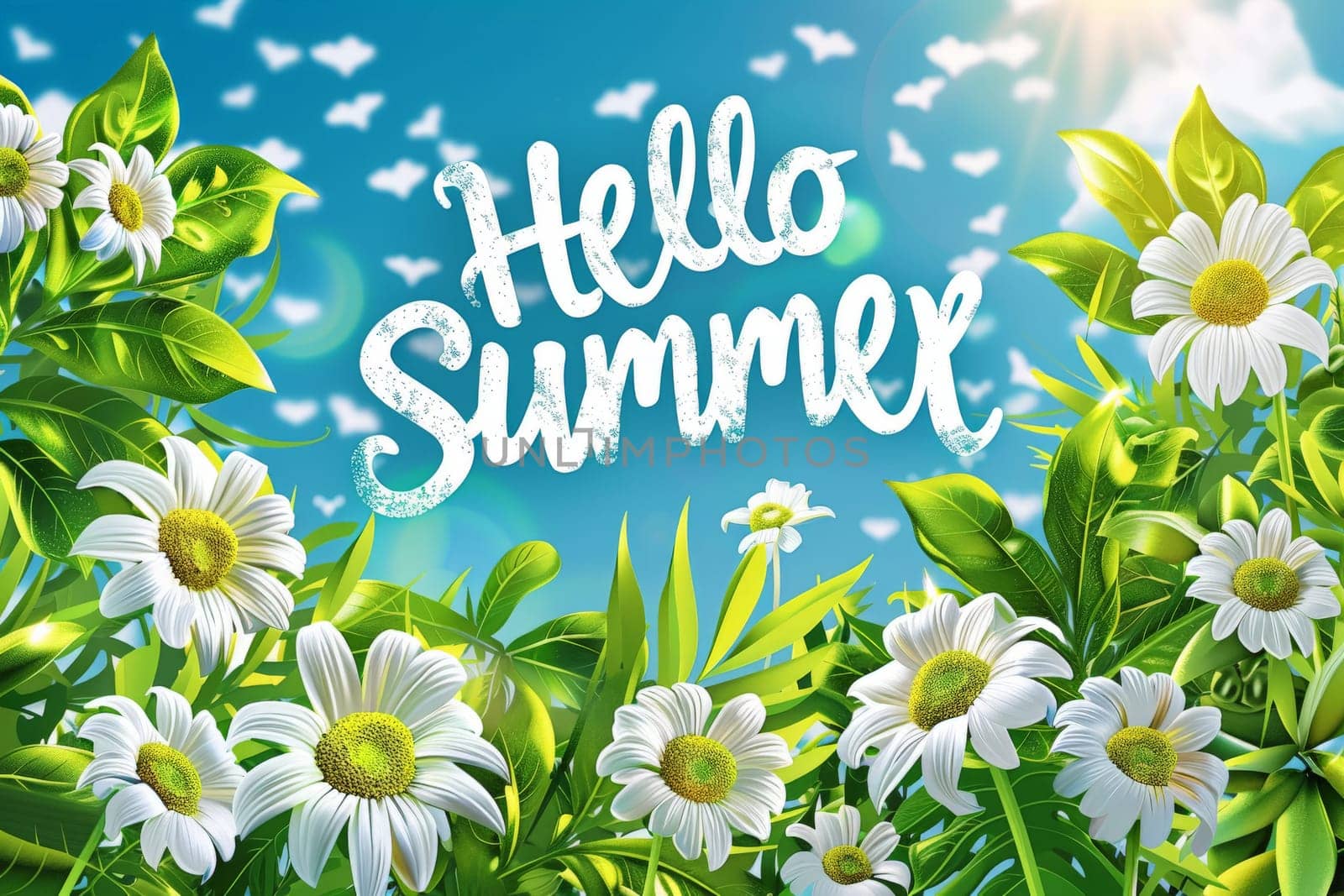 Hello summer banner with leaves and water with top view, Generative AI..