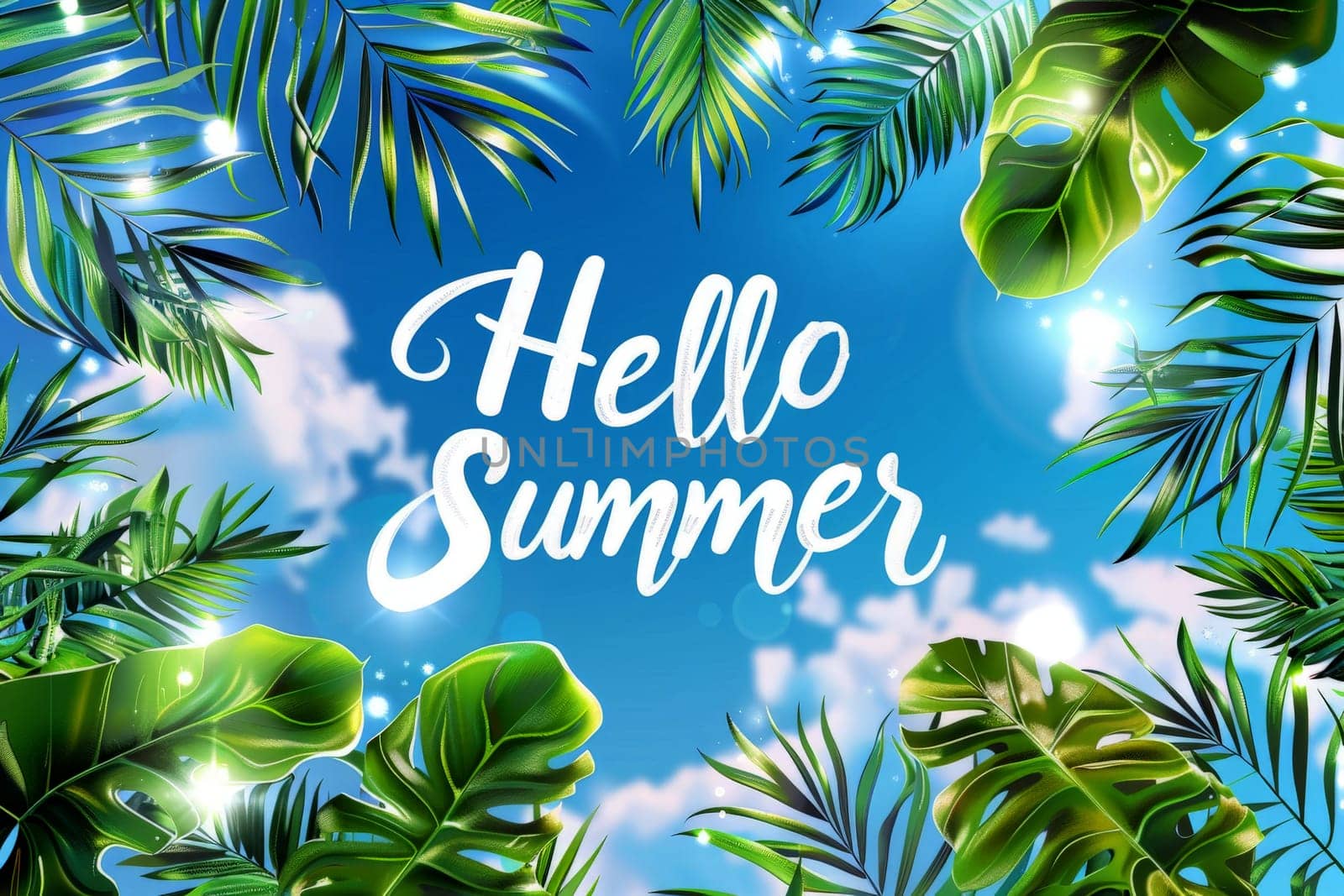 Hello summer banner with leaves and water with top view, Generative AI..