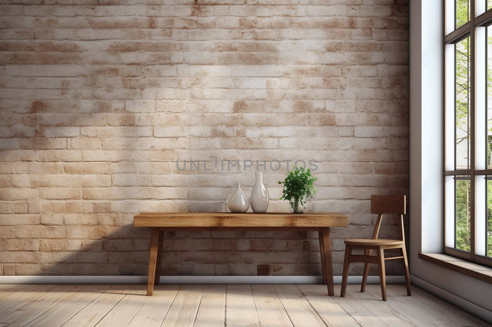 Modern living room in loft style with a wooden table and a wood shelf.