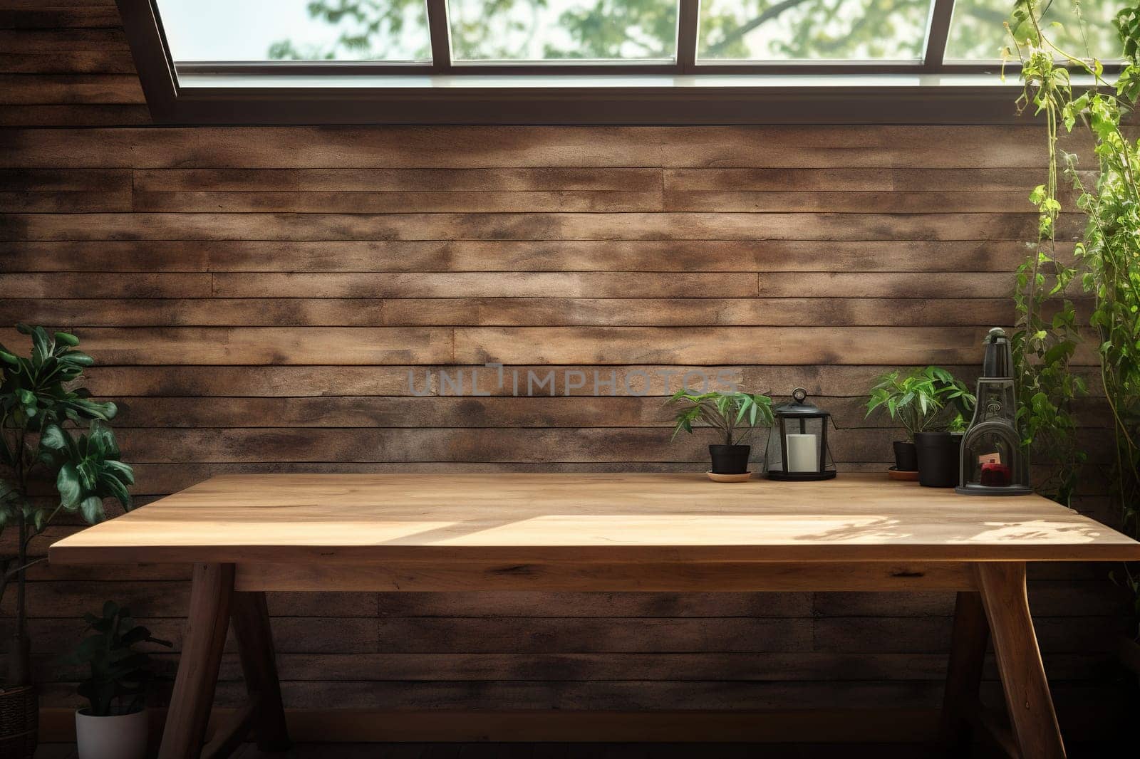 Wooden table close-up in the interior. Generated by artificial intelligence by Vovmar