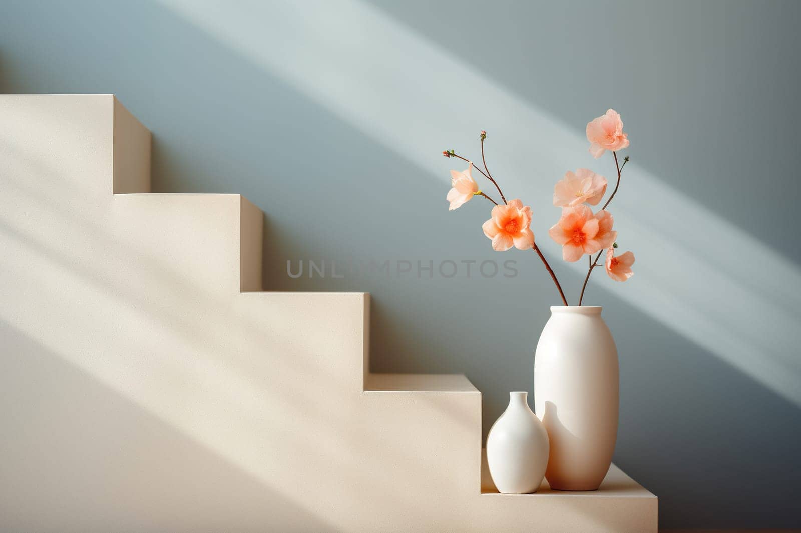 Vase with flowers near the white stairs. Minimalism in the interior.