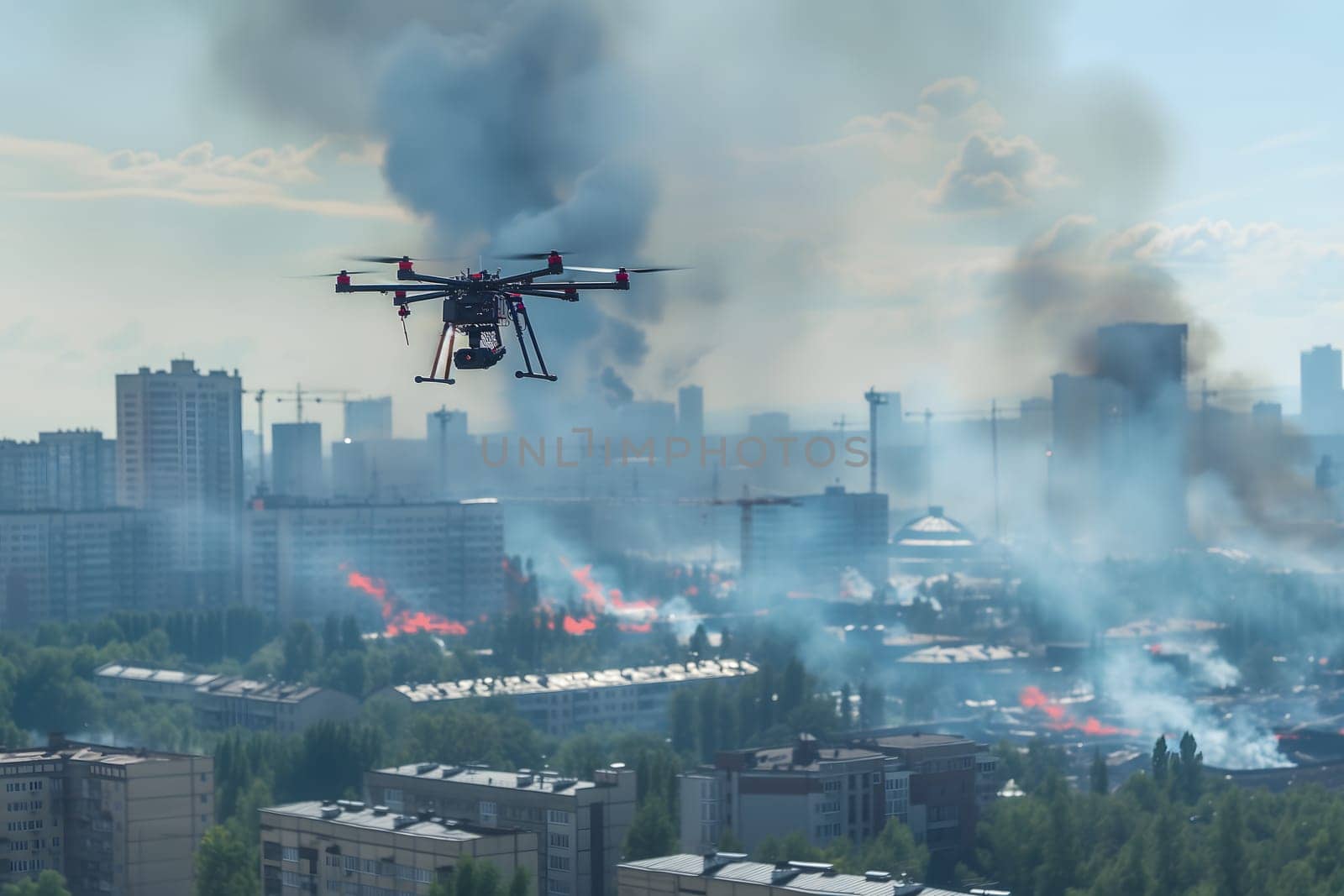 Copter drone over city with smoke by z1b