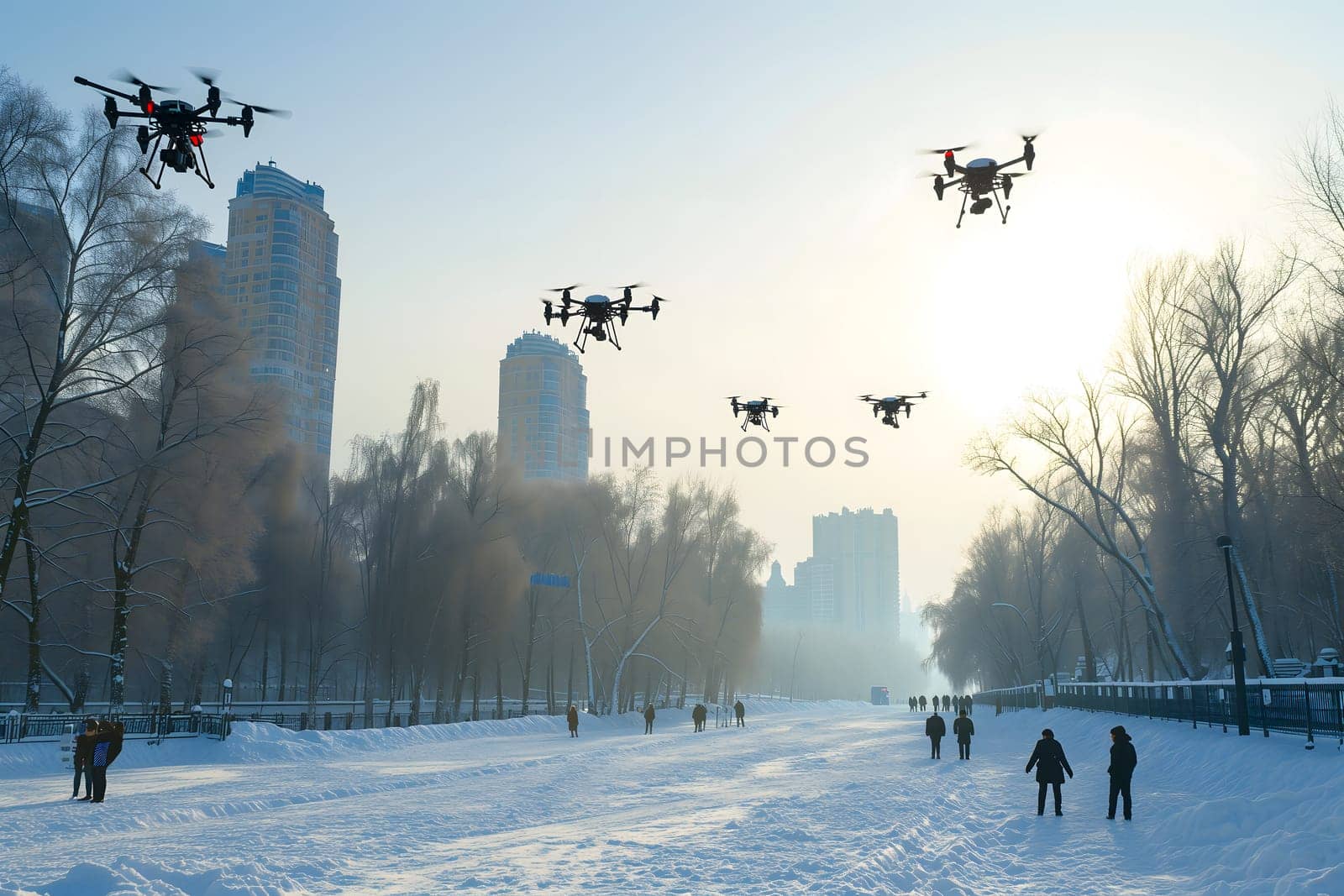 Group of drones over frozen river canal in city at winter day or morning. Neural network generated image. Not based on any actual scene or pattern.