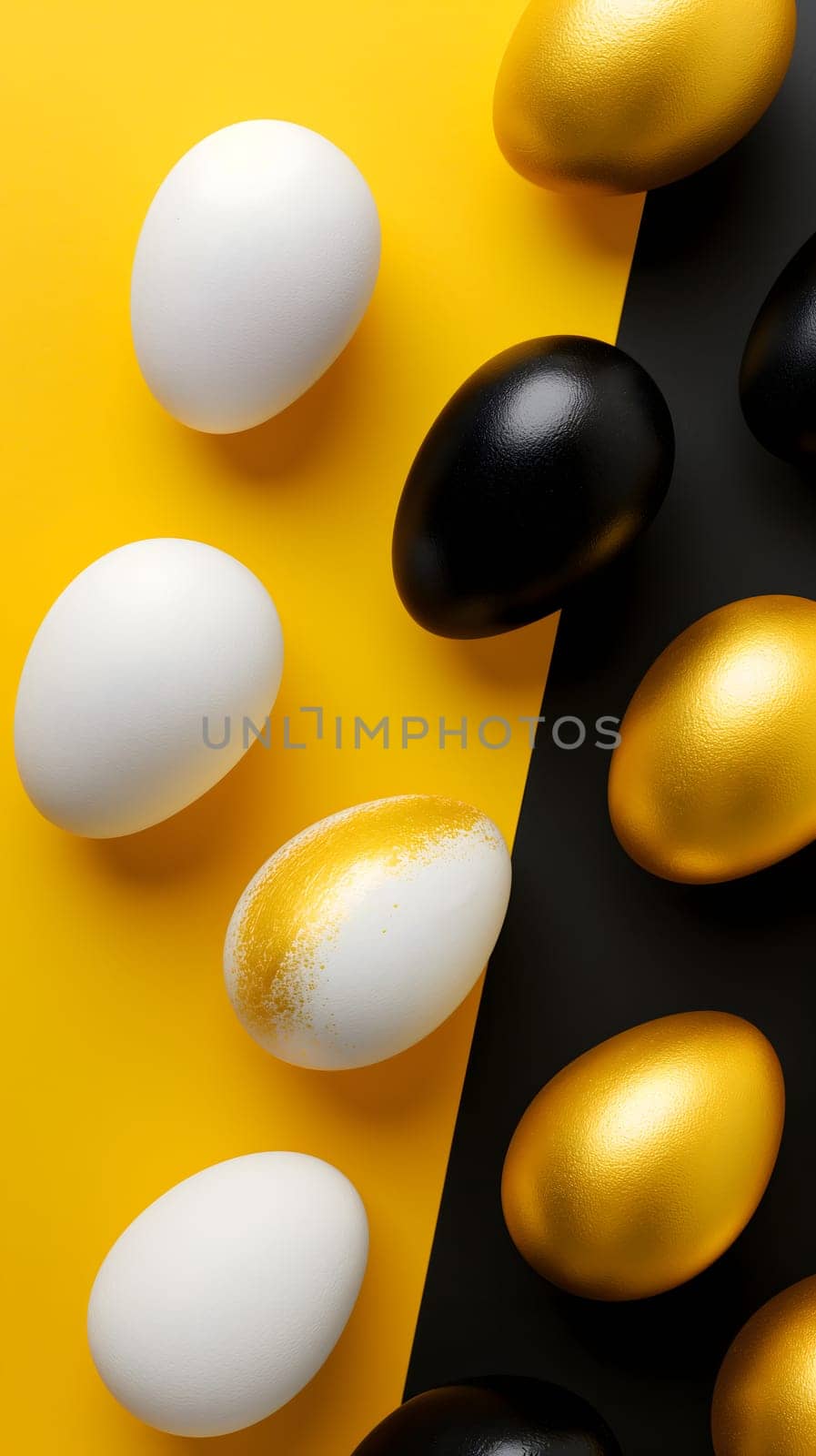 Golden, black, white Easter eggs on a yellow-black background. geometry. Minimal concept. View from above. Neural network generated image. Not based on any actual scene or pattern.