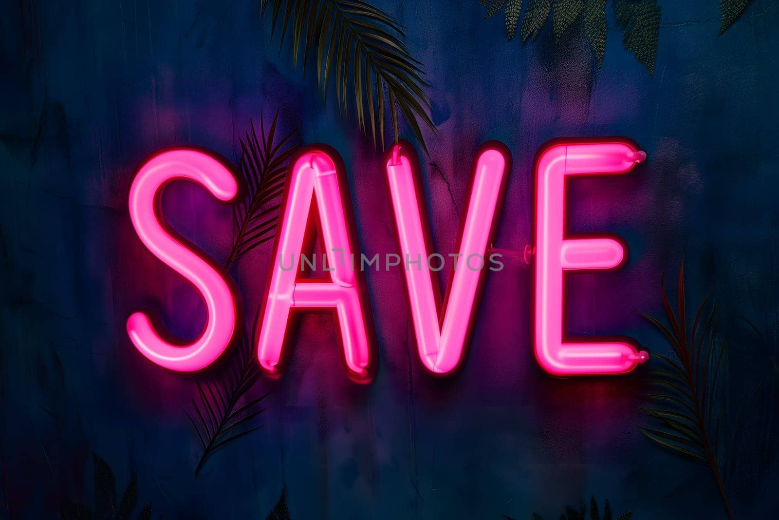 Neon word save on dark shabby wall. Neural network generated image. Not based on any actual scene or pattern.