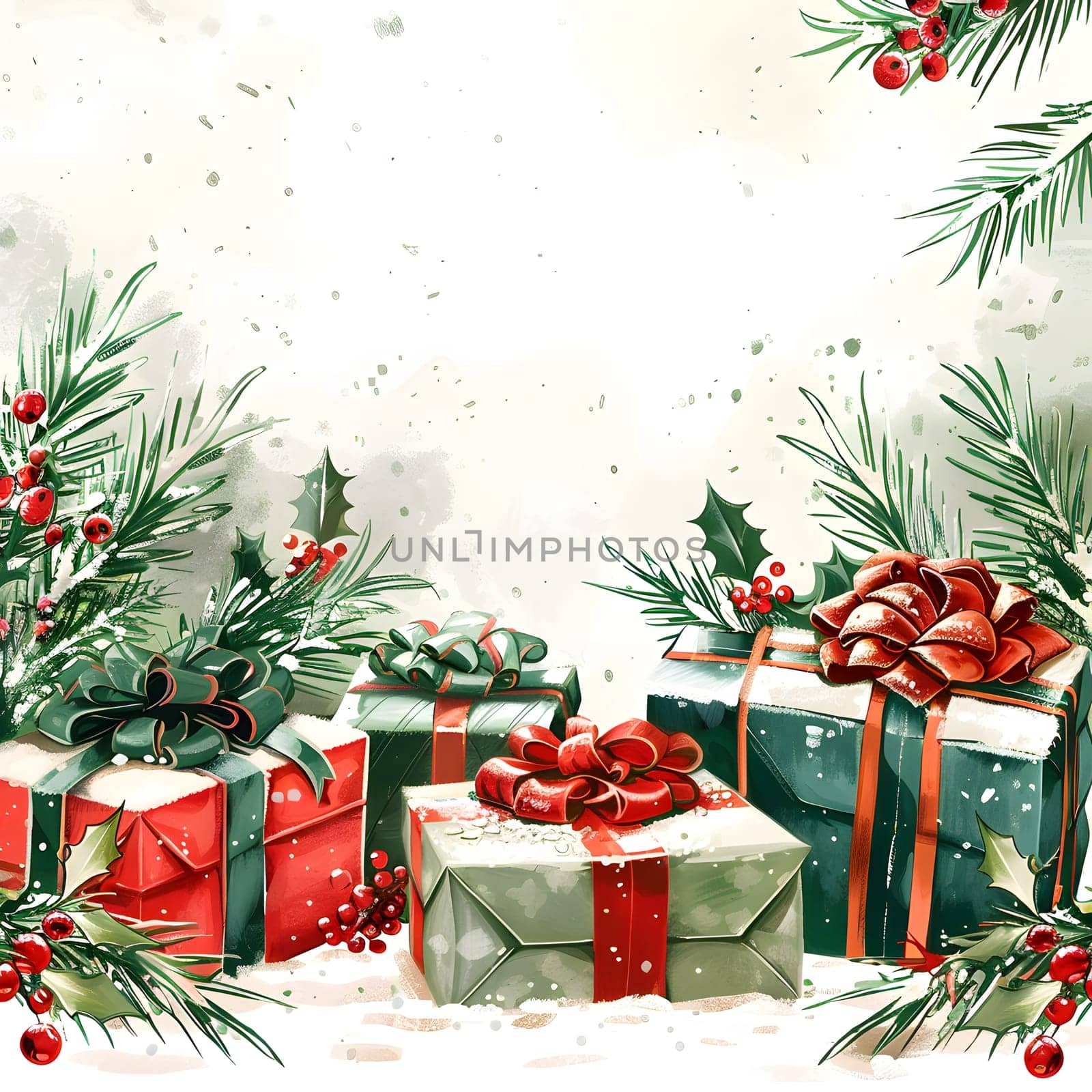 A watercolor painting of Christmas presents in the snow featuring holiday ornaments, evergreen branches, and twinkling Christmas decorations