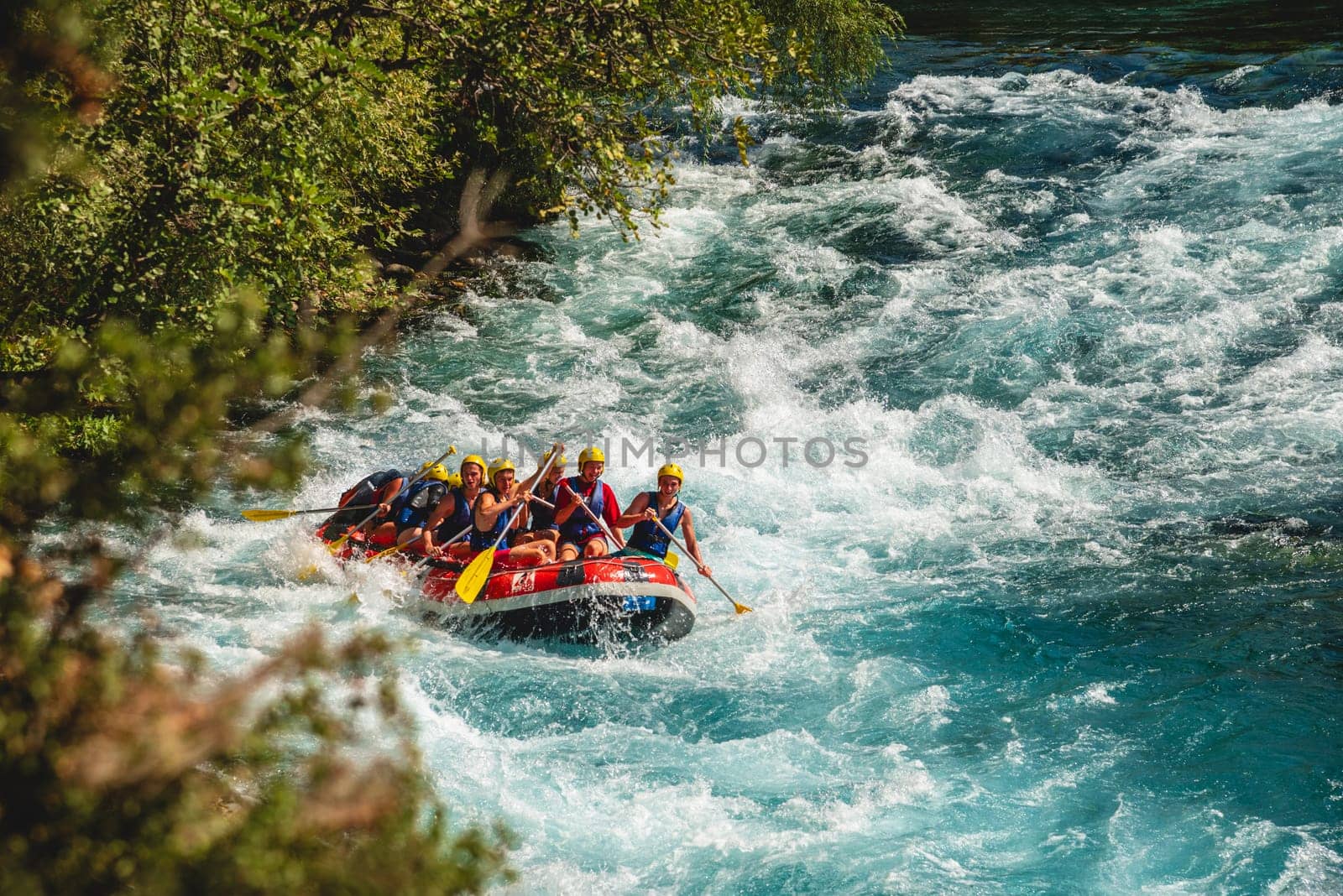 Antalya, Turkey - August 10, 2023: Rafting on a big rafting boat on the river in Antalya Koprulu Canyon. by Sonat