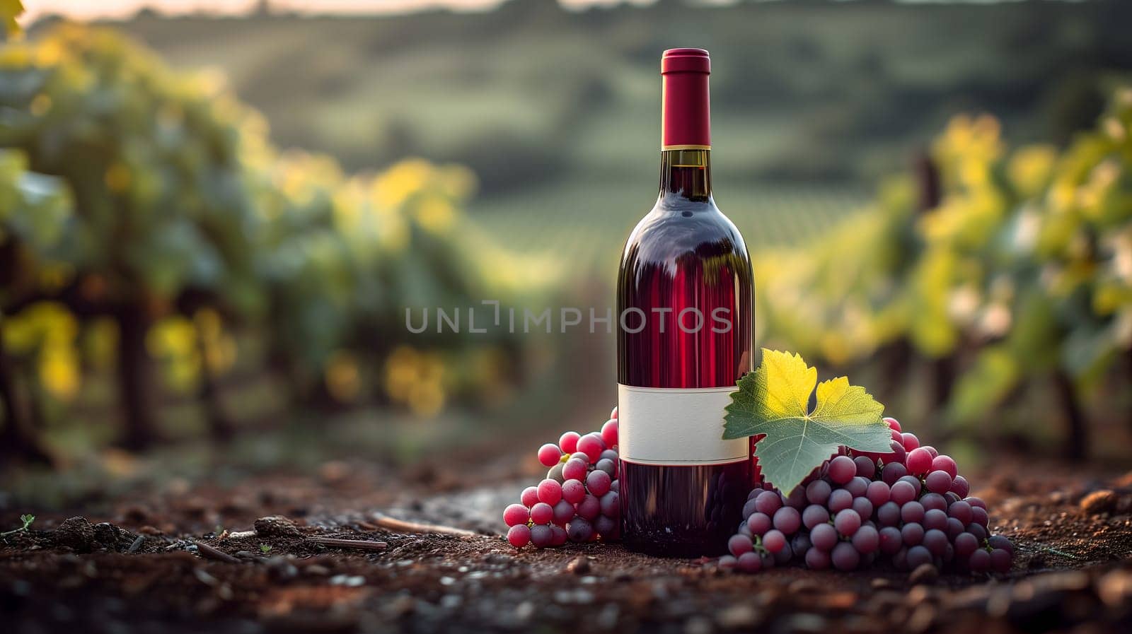 A red wine bottle in front of a landscape of grape farmland. by z1b