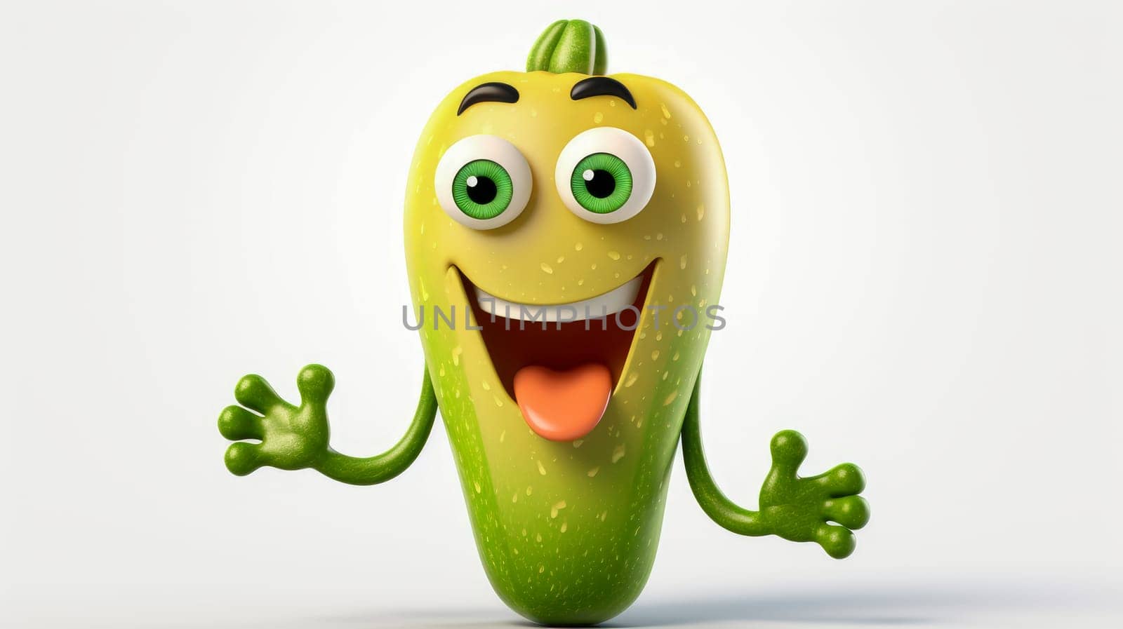 Green zucchini with a cheerful face 3D on a white background. by Alla_Yurtayeva