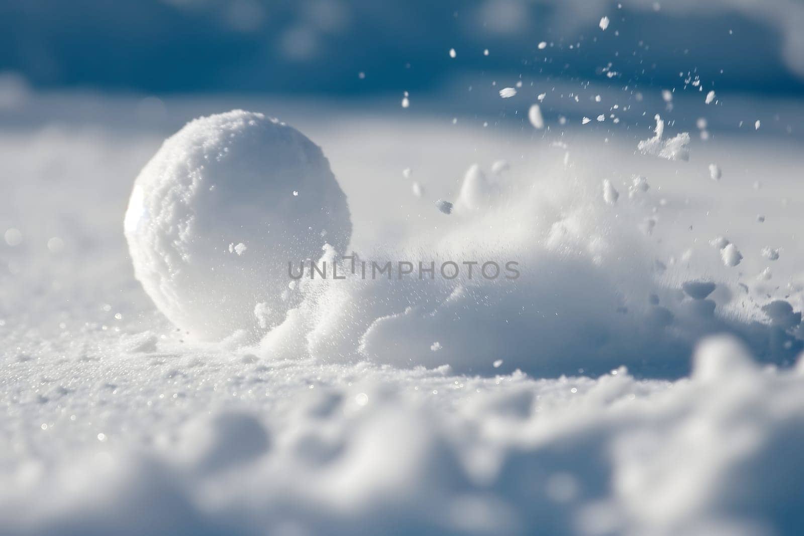 Snowball on snow covered ground at sunny winter day for snow ball effect concept. Neural network generated image. Not based on any actual scene or pattern.