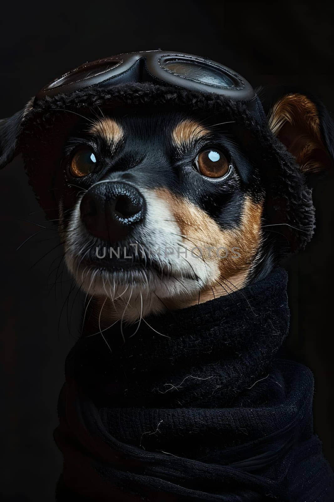 Close up of a carnivorous dog wearing a hat and goggles by Nadtochiy