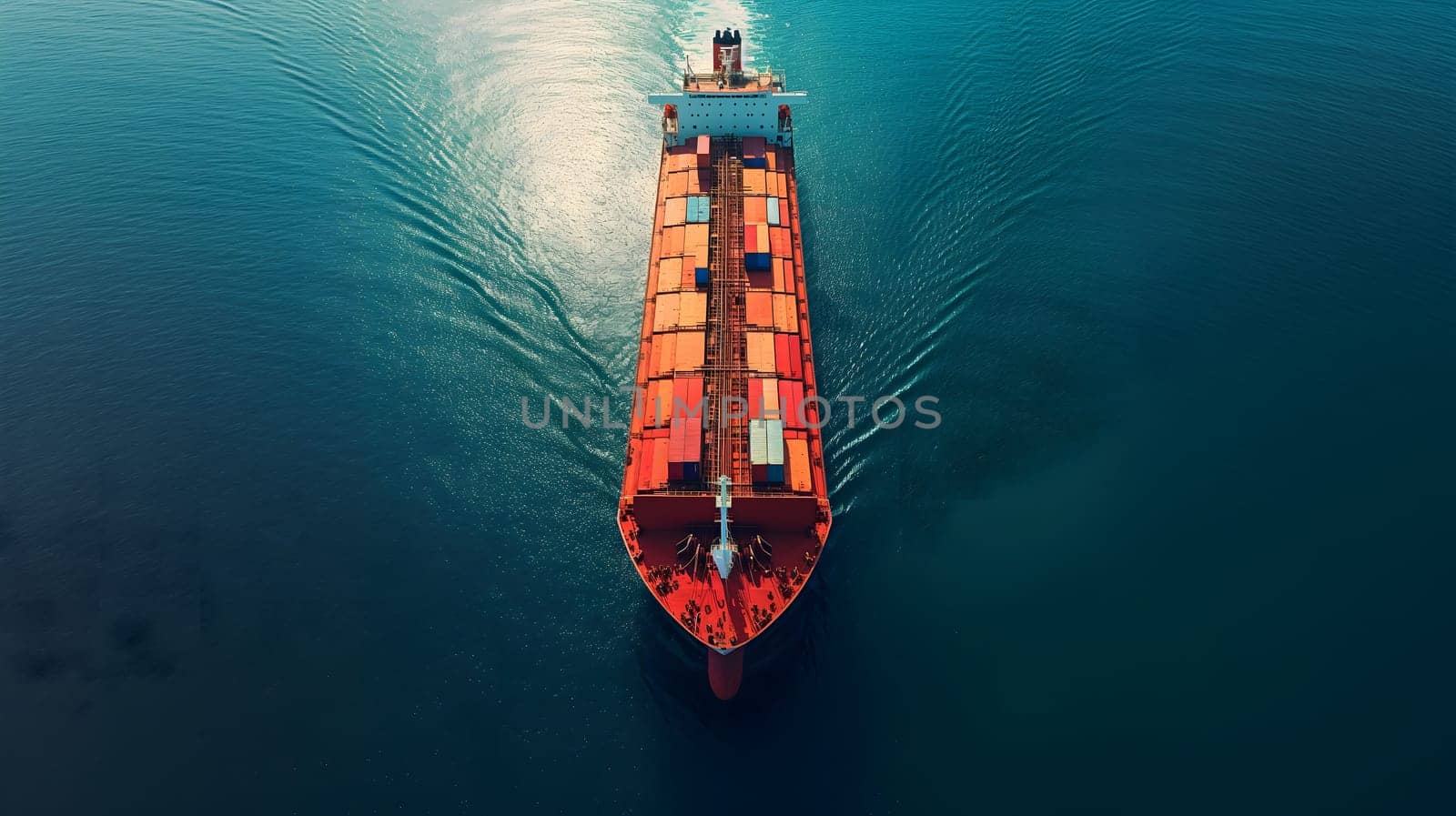 Cargo ship full of standard shipping containers at the sea during shipping at day time. Neural network generated image. Not based on any actual scene or pattern.