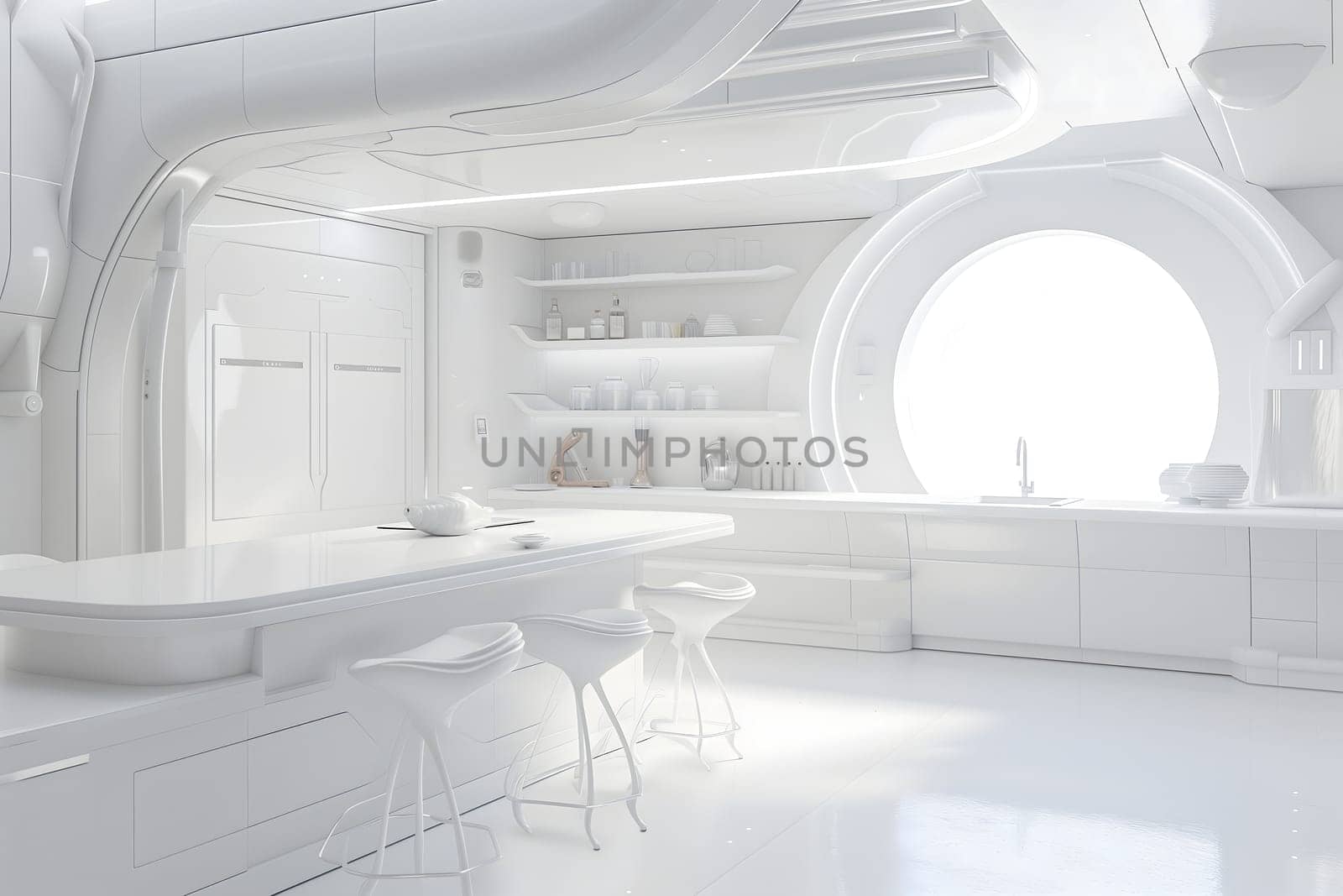 futuristic white space station style interior of kitchen room by z1b