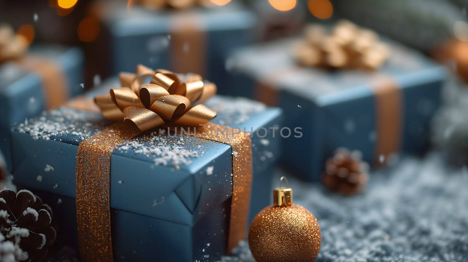 Blue Christmas gift boxes with a gold bow for holiday background. Neural network generated image. Not based on any actual scene or pattern.