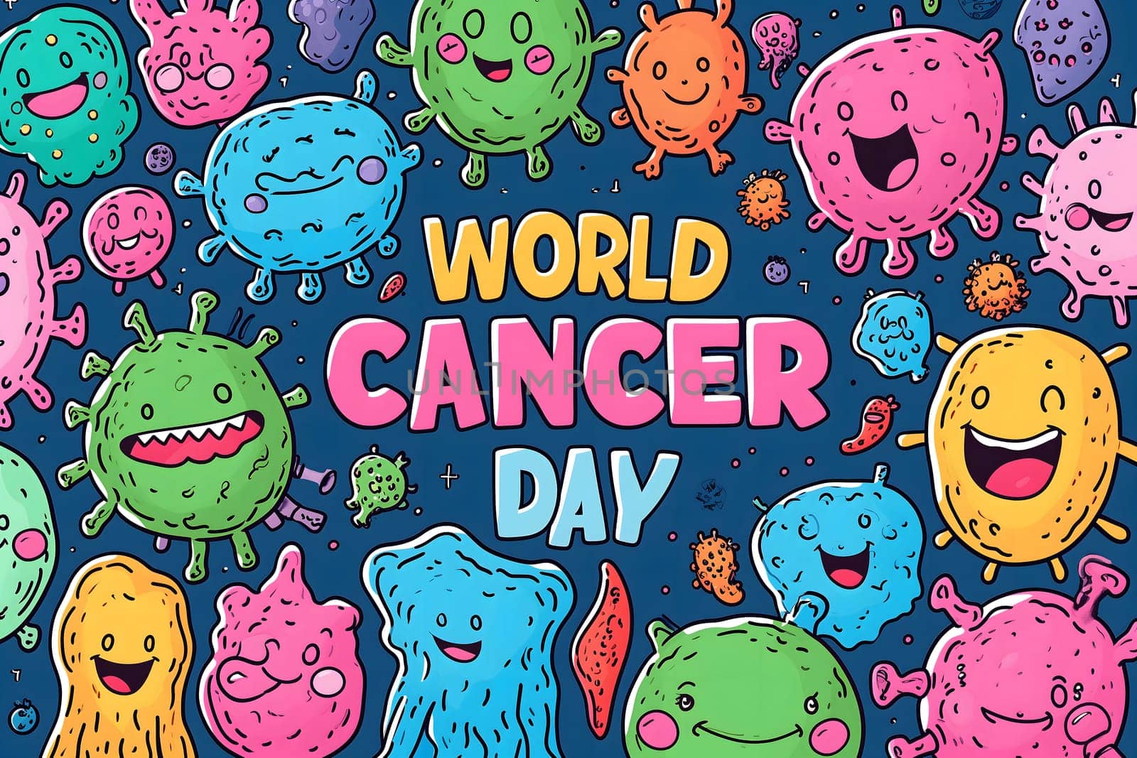 Simple cartoon world cancer day background with the inscription on it, surrounded with colorful happy tumors. Neural network generated image. Not based on any actual scene or pattern.