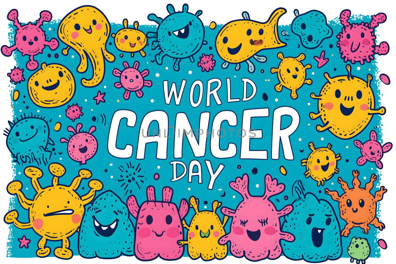 Simple cartoon world cancer day background with the inscription on it, surrounded with colorful happy tumors by z1b