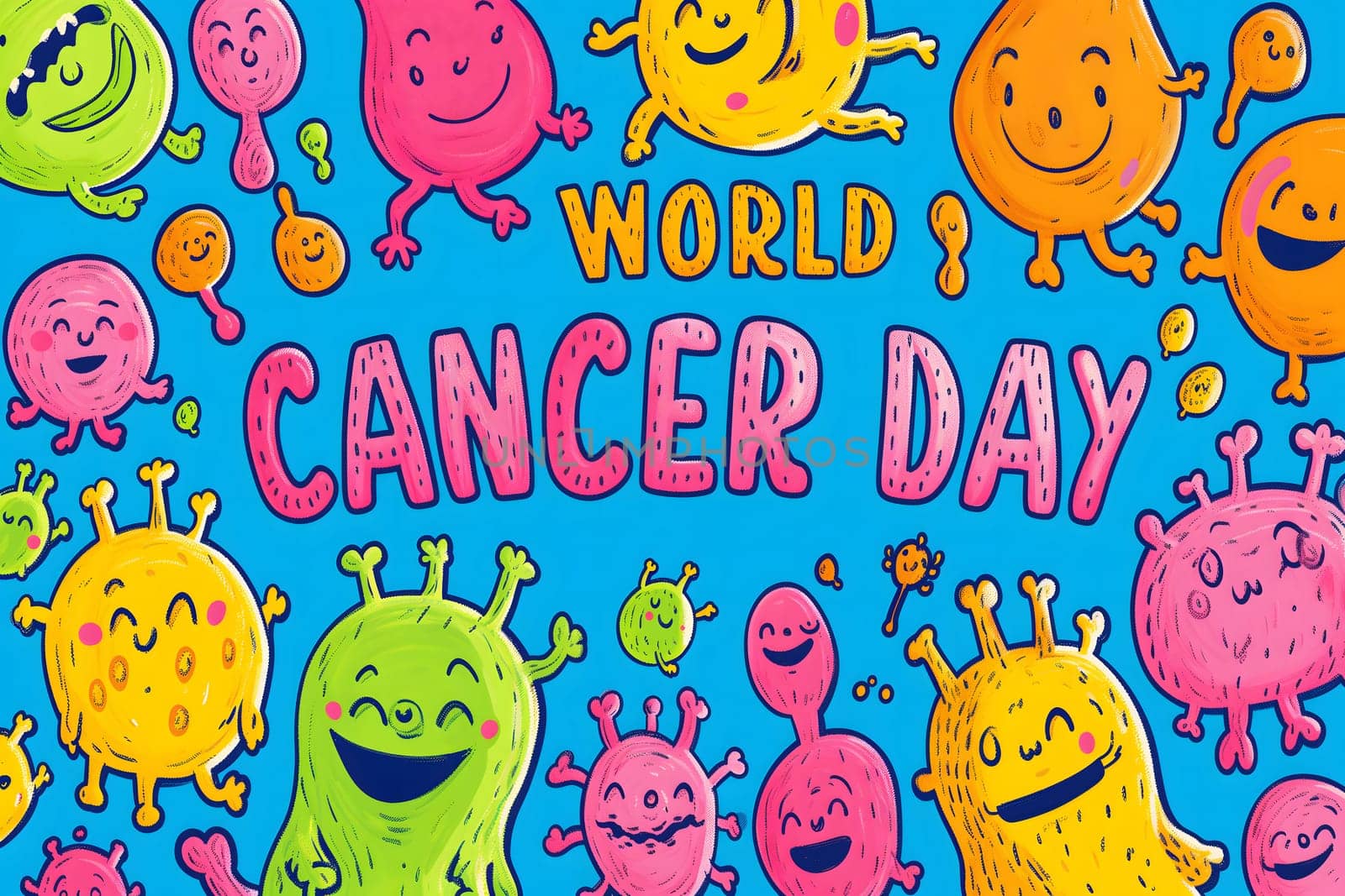 Simple cartoon world cancer day background with the inscription on it, surrounded with colorful happy tumors. Neural network generated image. Not based on any actual scene or pattern.