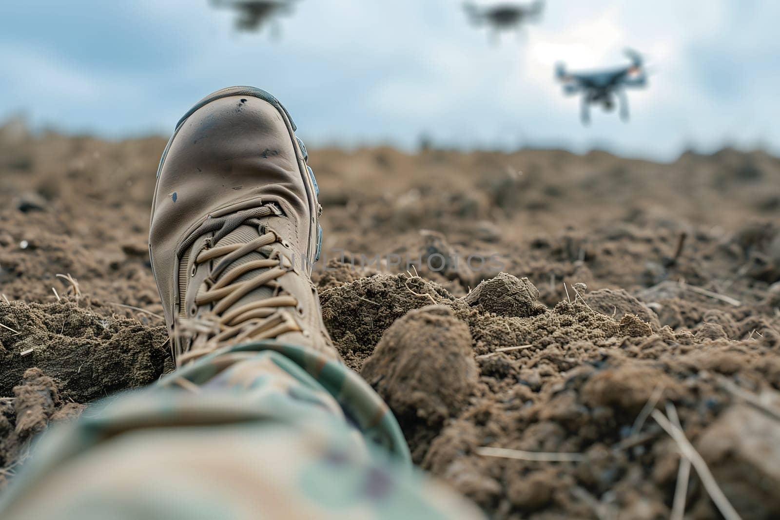 soldier legs laying on the dirt with flying drones in the sky above by z1b