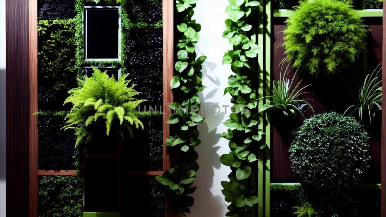 Beautiful and modern vertical garden with different types of plants in an ecological building. Generative AI.
