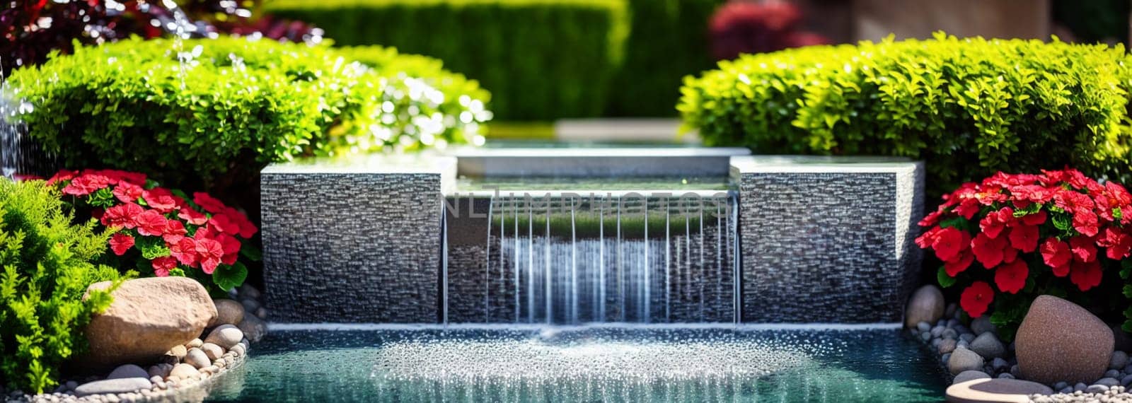 Beautiful fountain with waterfall from a luxurious garden very well kept with plants, hedges, red and white flowers with a pond with decorative stones on a sunny day. Banner. Generative AI.