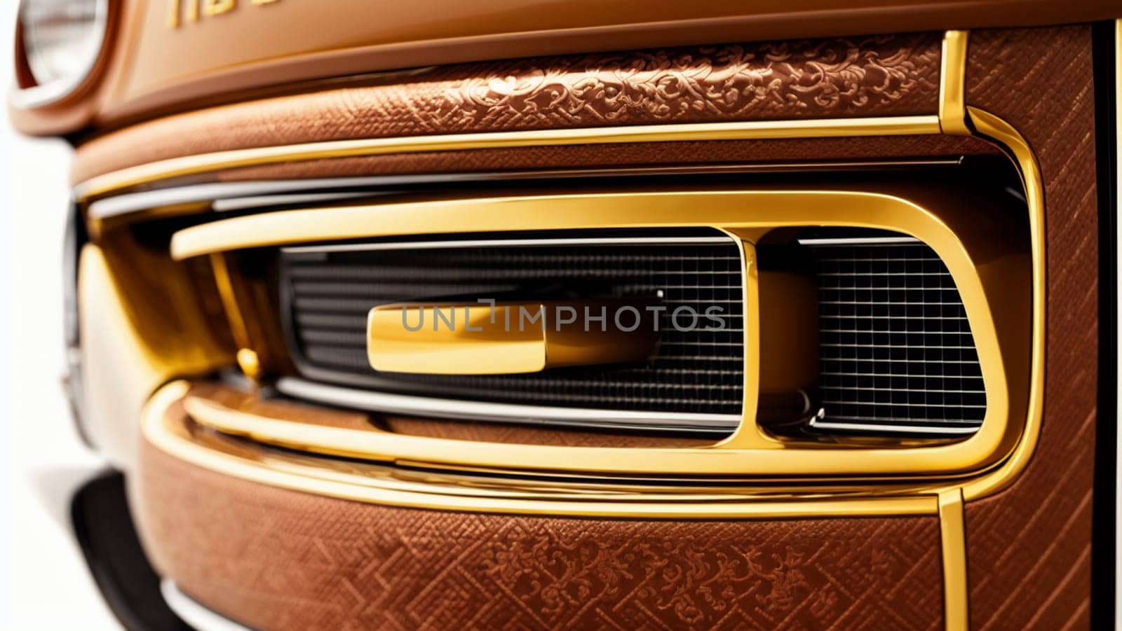 Metal grille with glitter of a luxurious brown car with decorative ornaments for ventilation. by XabiDonostia