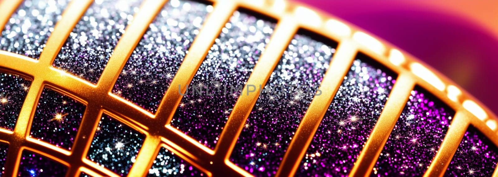Nice background with a microphone, golden metallic regilla with reflections, with violet, purple and purple sparkles with pink background. Banner. Generative AI.