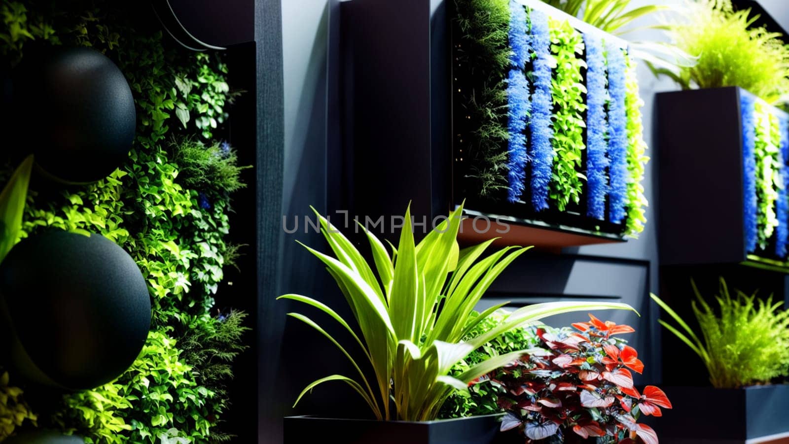 Beautiful and modern vertical garden with different types of plants and flowers in an ecological building. Generative AI.