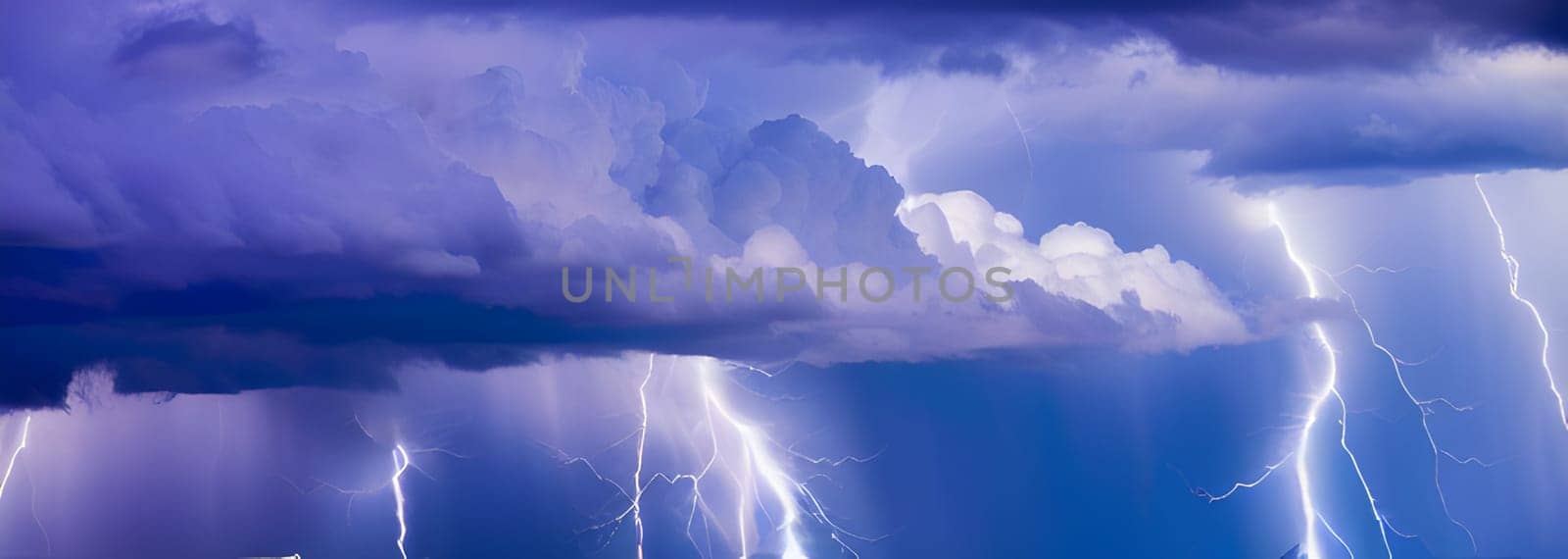 Large blue cumulus clouds with heavy thunderstorms and powerful lightning and rain. Banner. Generative AI.