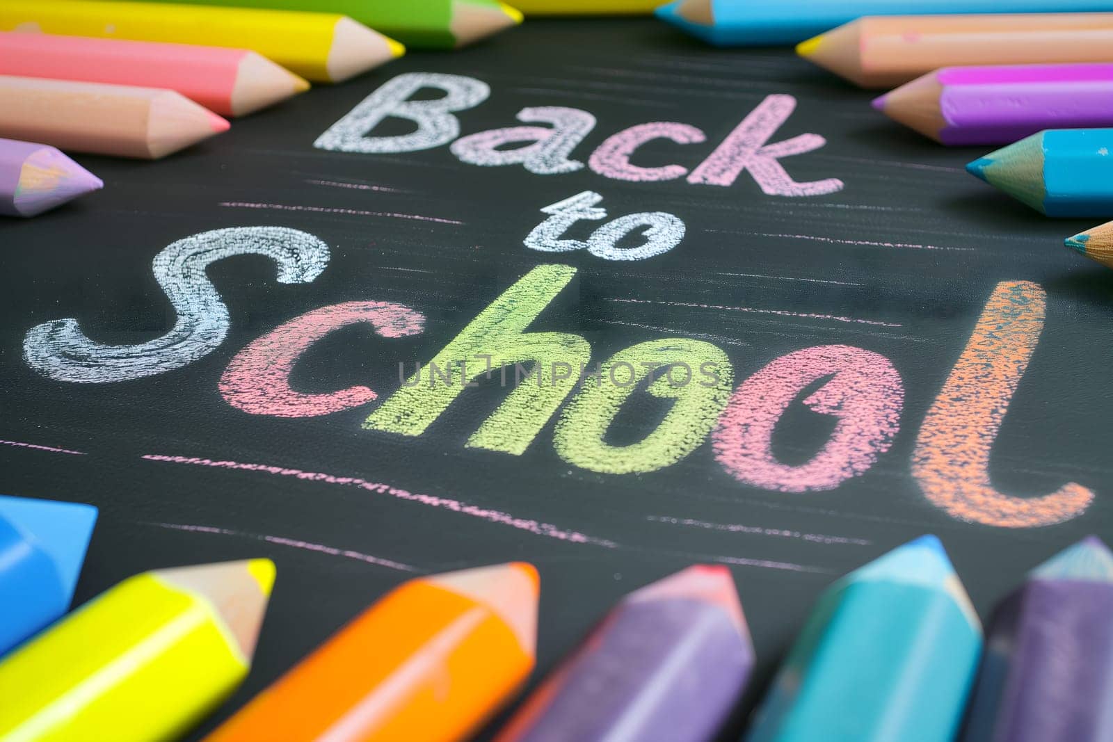 Naive children's drawing with colored chalk on black background, made by hand by a child, text Back to School by z1b