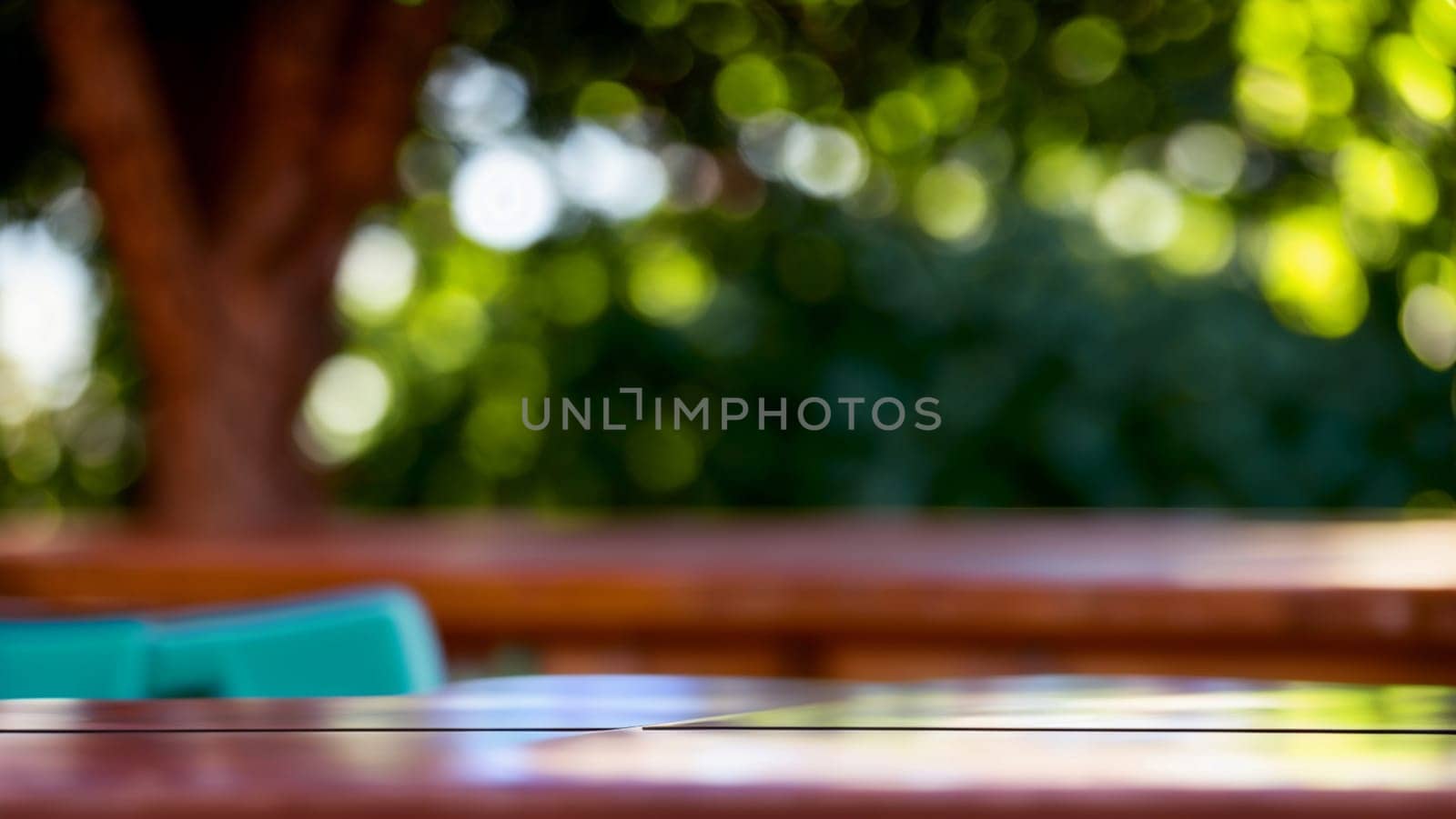 Decorative background with dark wooden table top in an outdoor garden with trees in the background. by XabiDonostia