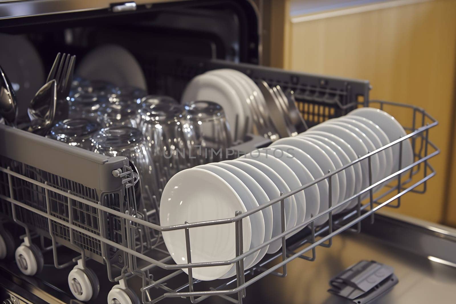 A dishwasher with many plates and silverware in it. Neural network generated image. Not based on any actual scene or pattern.