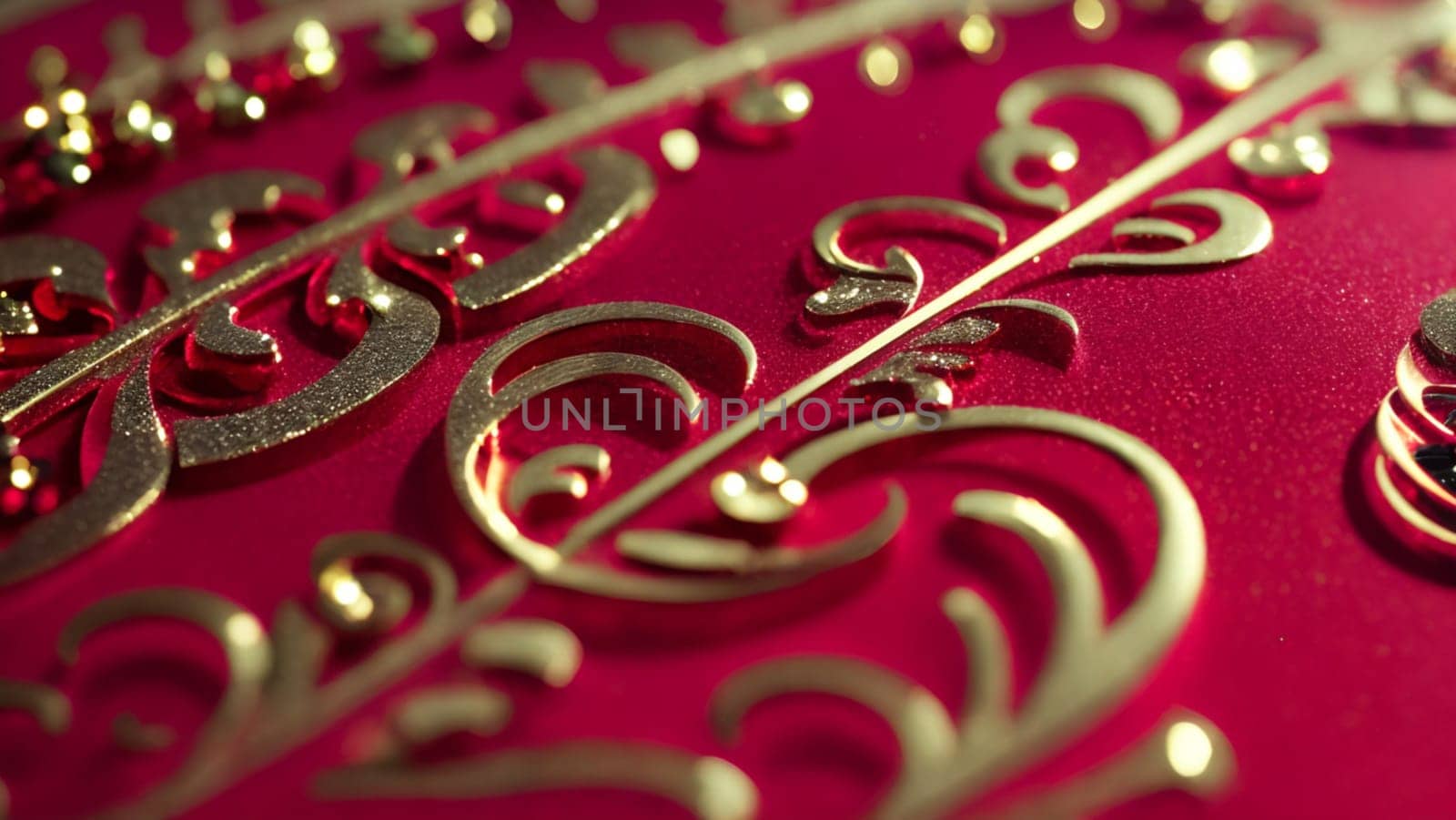 Beautiful gold metallic background with reflections and glitters and shiny fuchsia and maroon background with a luxurious decorative look with ornaments. Generative AI.