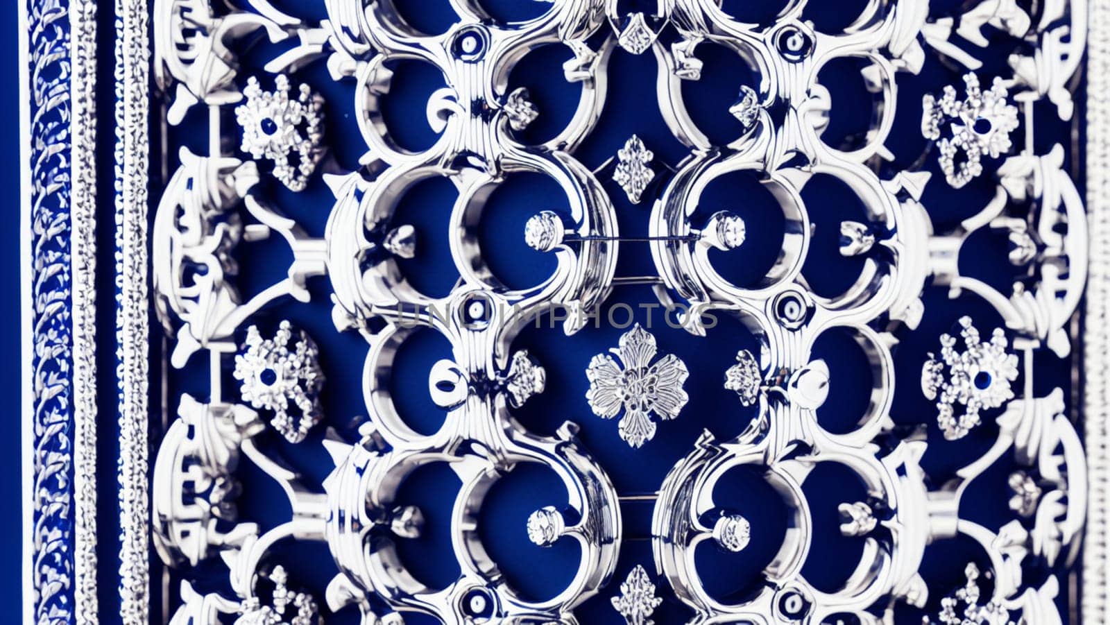 Beautiful metallic silver background with reflections and glitters and navy blue background with a luxurious decorative look with ornaments. Generative AI.