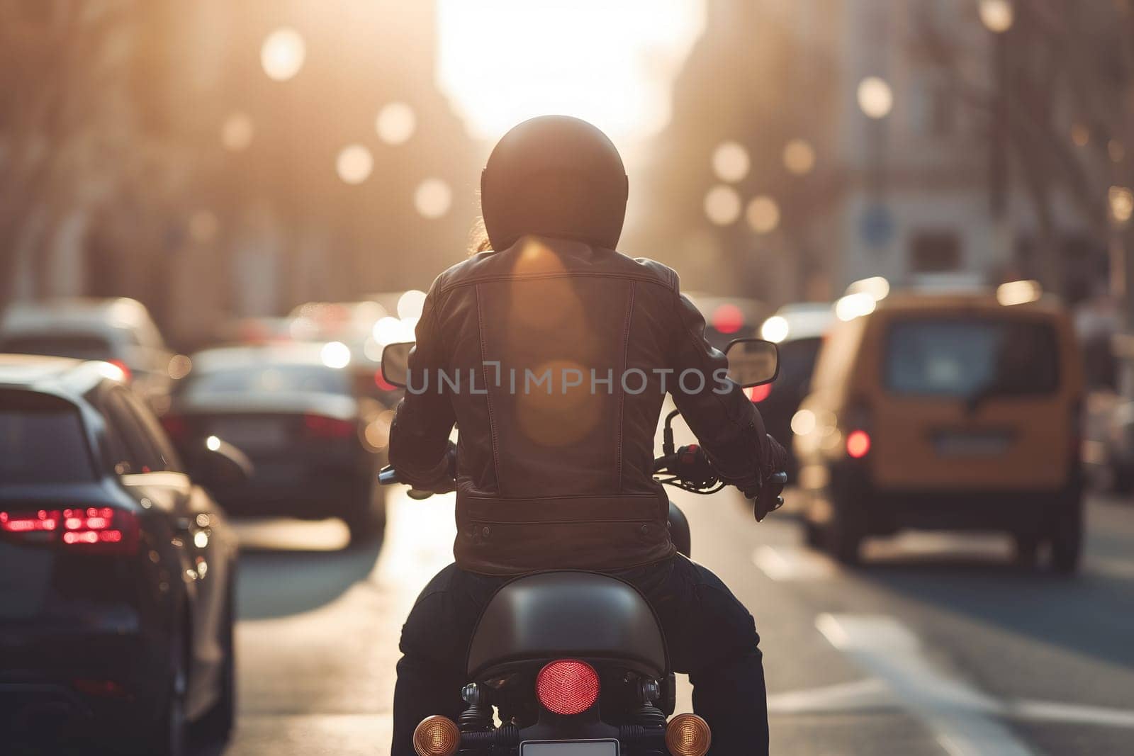 A man rides a motorcycle in city traffic, View from the back, Close-up. Neural network generated image. Not based on any actual scene or pattern.
