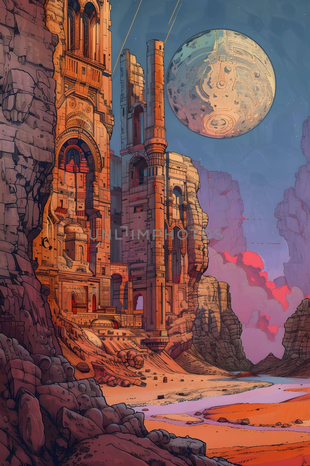 A stunning painting of a castle surrounded by a mystical atmosphere with a planet in the sky. This surreal landscape combines art and architecture beautifully