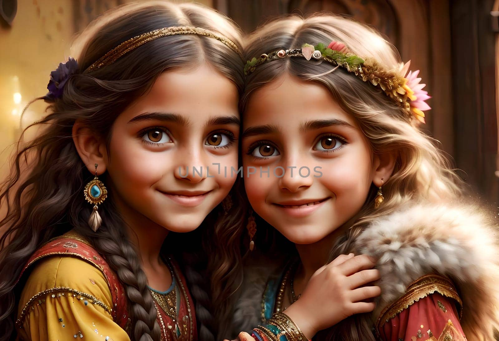Beautiful gypsy children in elegant gypsy costumes .AI generated image.