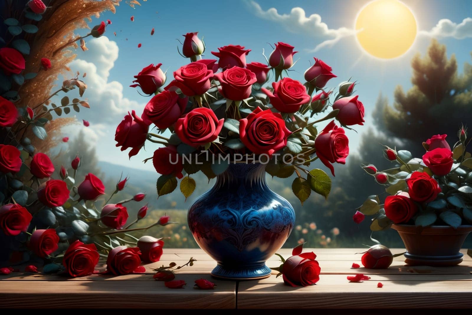 a bouquet of red roses in a vase against a background of nature. AI generated image.