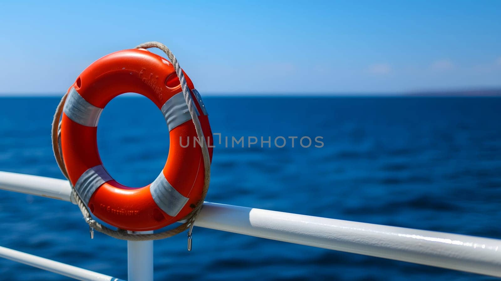 Lifebuoy attached to a ship's white railing, with the clear blue sea in the background. Neural network generated image. Not based on any actual scene or pattern.