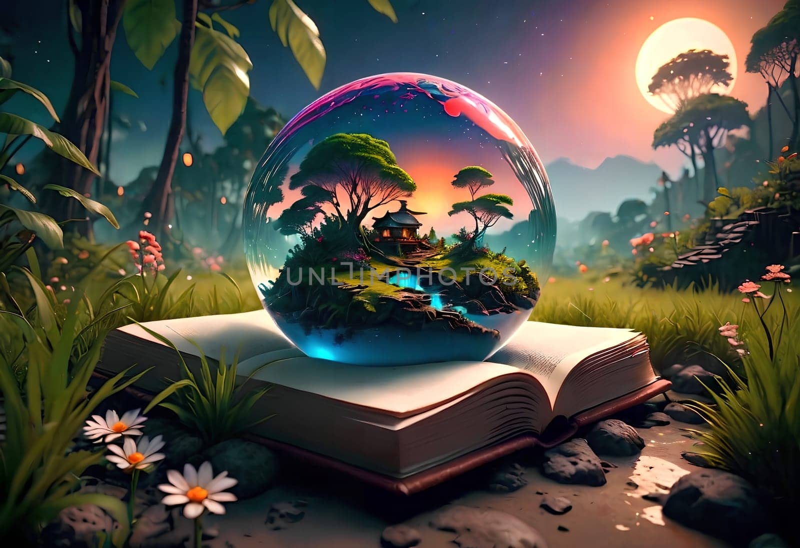 an open book on a path in a beautiful park against the backdrop of a fantastic universe. AI generated image.