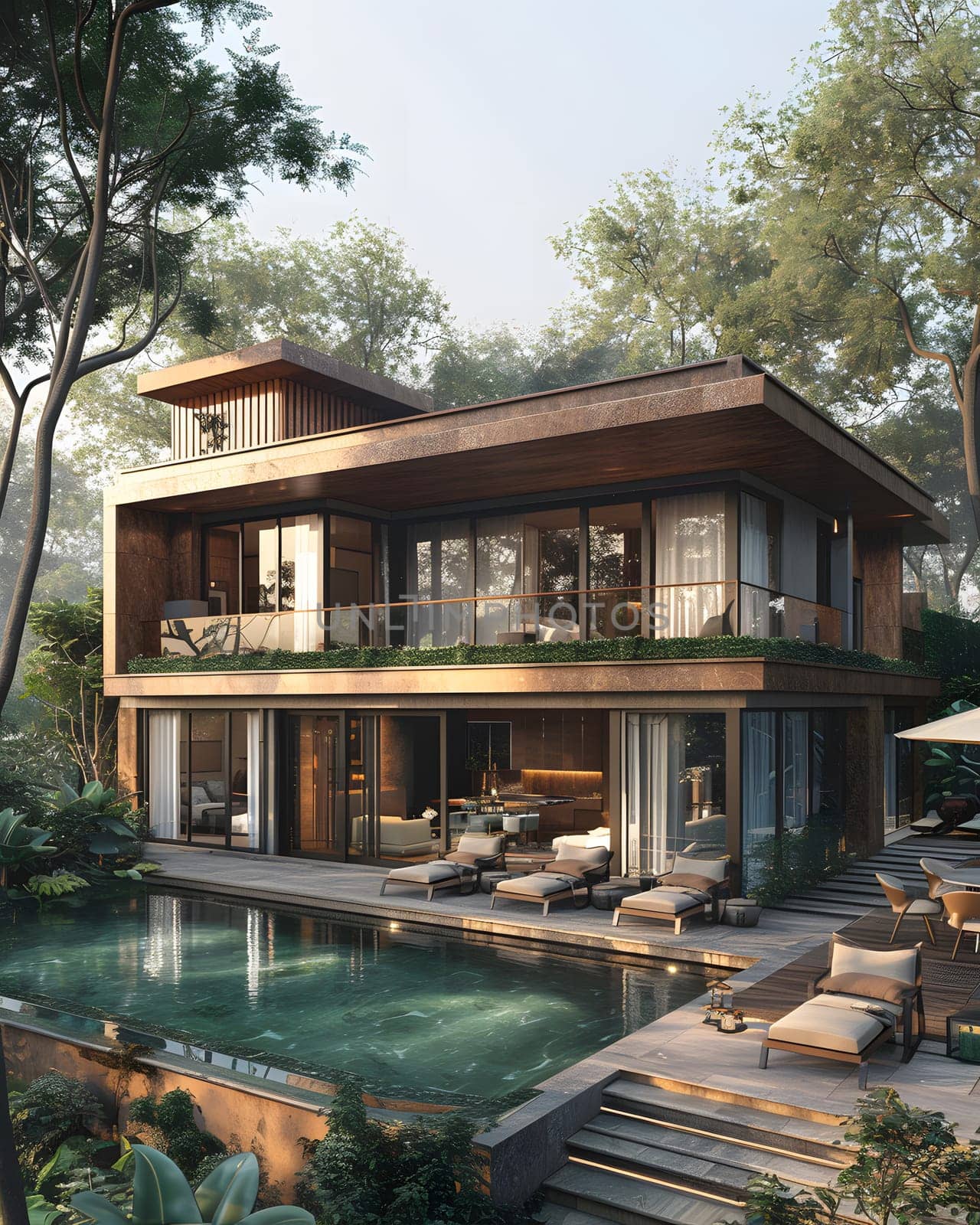 A spacious residential building with a swimming pool set amidst lush trees. The house boasts large windows, wooden accents, and offers a leisurely escape