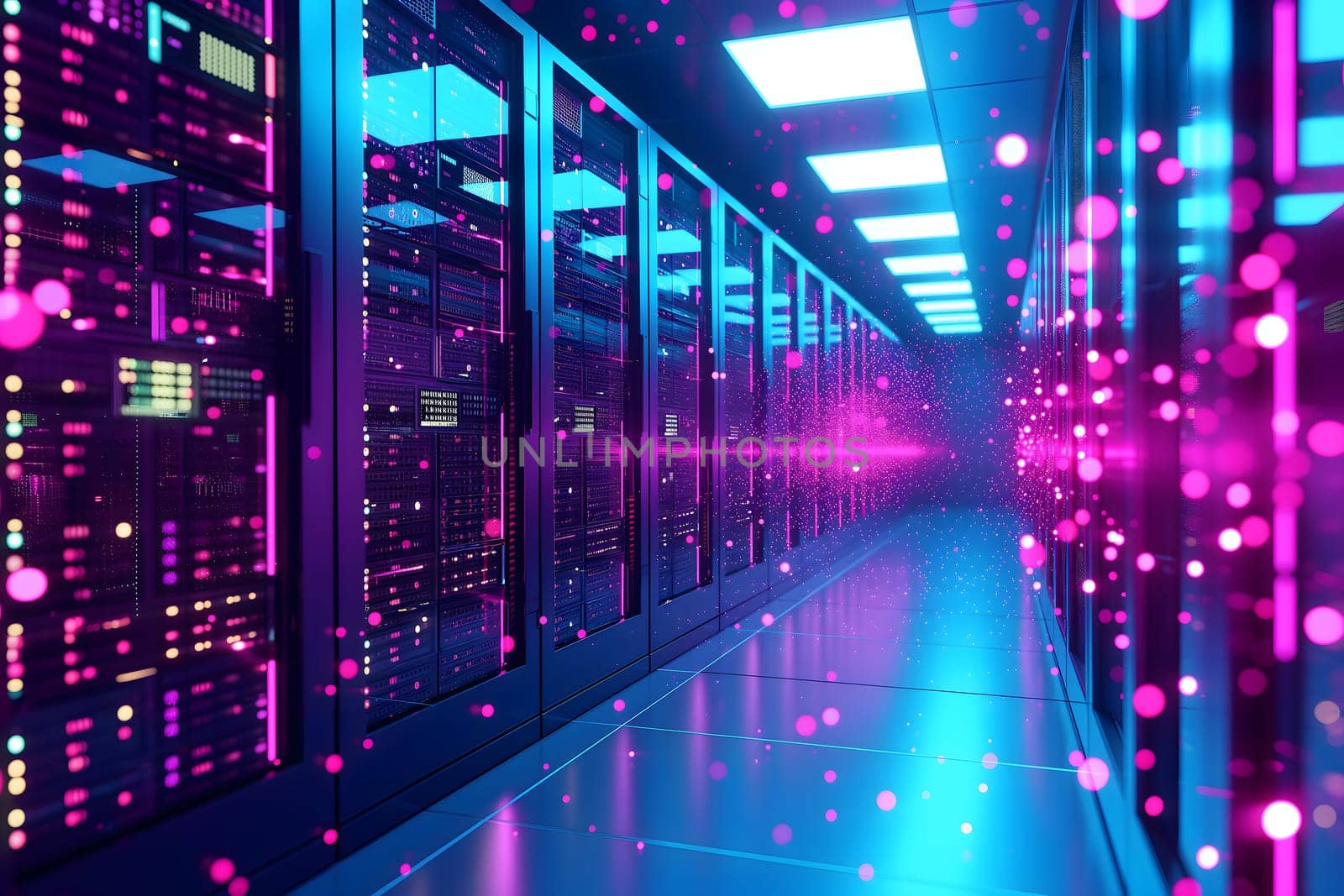 Server room with neon high contrast lighting. Neural network generated image. Not based on any actual scene or pattern.