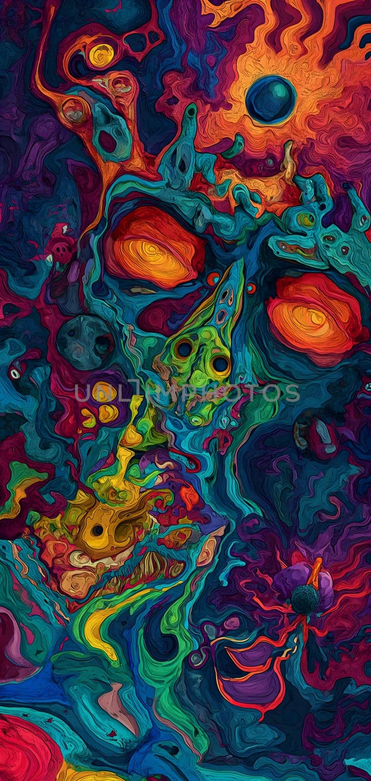 Saturated colorful mad abstract background, random different shapes and objects, hallucinations of ancient shaman after mushroom overdose. Neural network generated image. Not based on any actual scene or pattern.