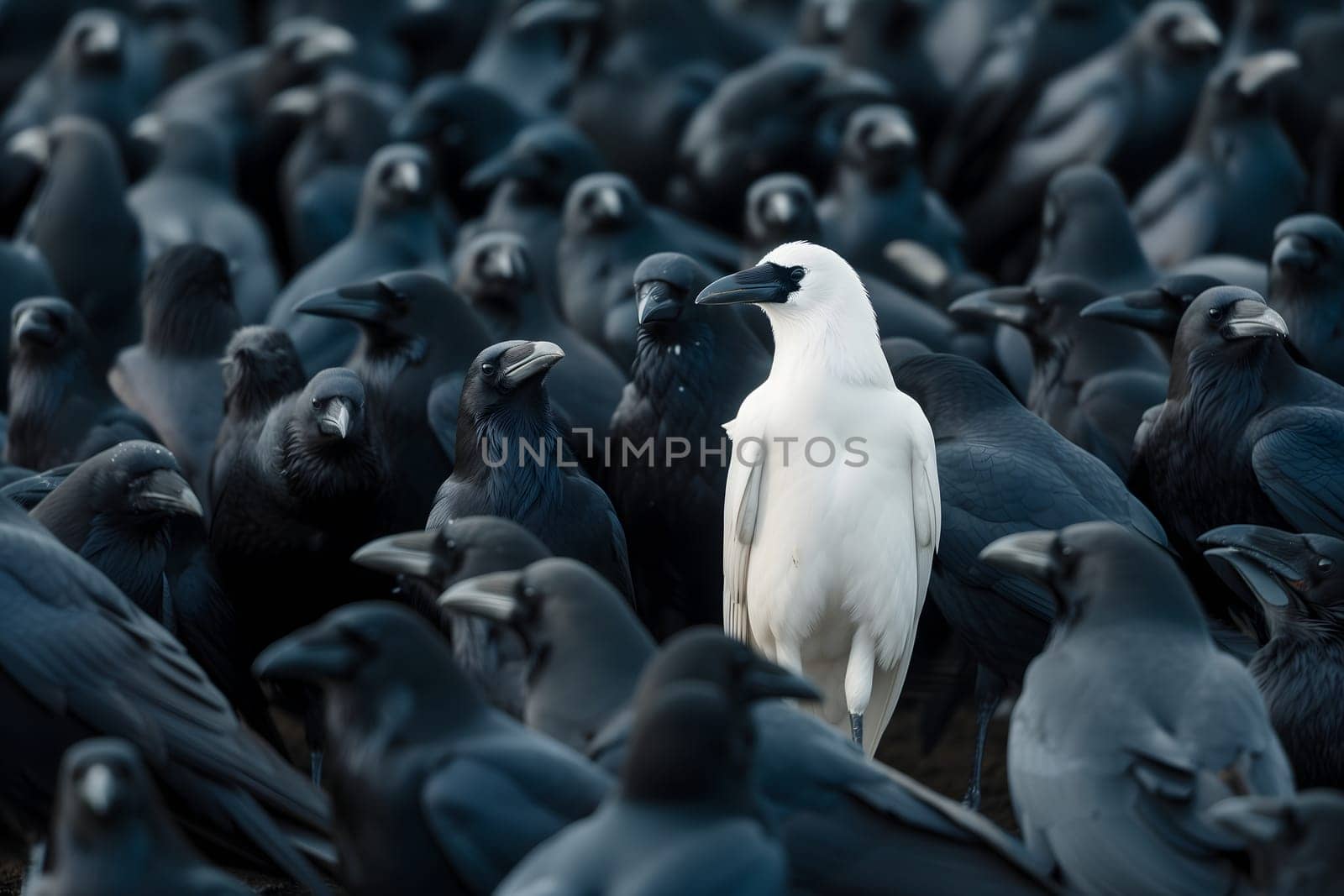 A white crow among many black crows. Neural network generated image. Not based on any actual scene or pattern.