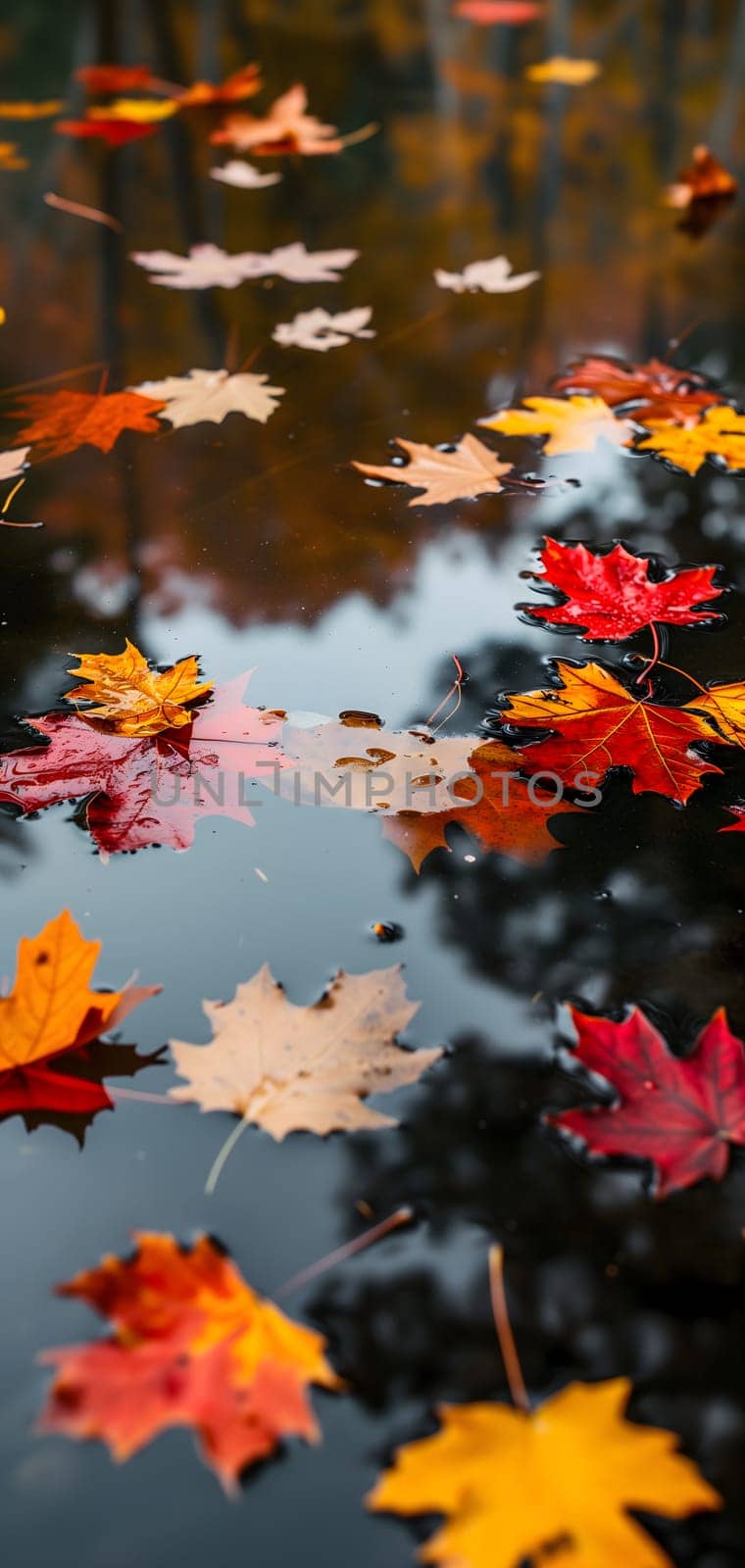 An abstract composition of colorful autumn leaves floating on a reflective water surface of a pond by z1b