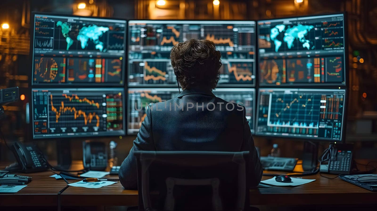 Back view of a financial analyst day trader working on computer with many screens that shows real-time stock data. by z1b