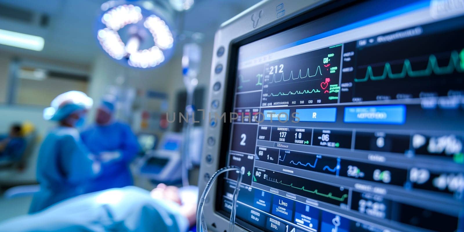 Heart monitor with ECG lines on the background of critical patient in the intensive care unit