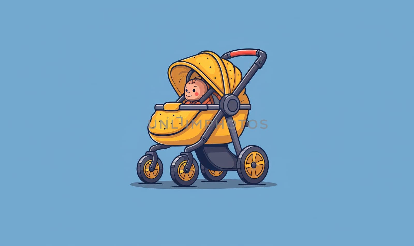Image of a baby stroller on a blue background. Selective soft focus.