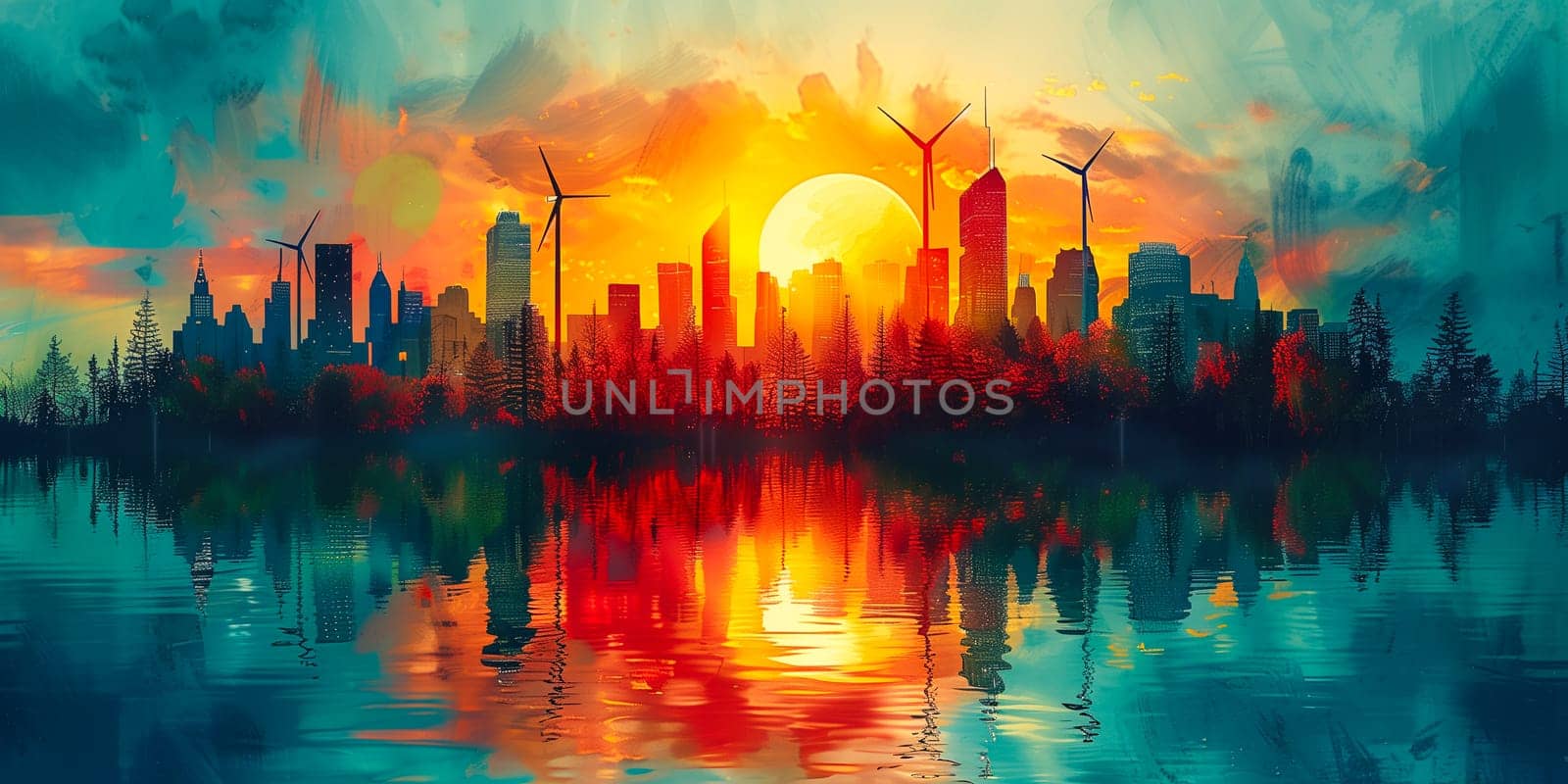 Big city with skyscrapers and wind turbines in background. Concept of sustainable energy solution in beautiful sunset backlit.