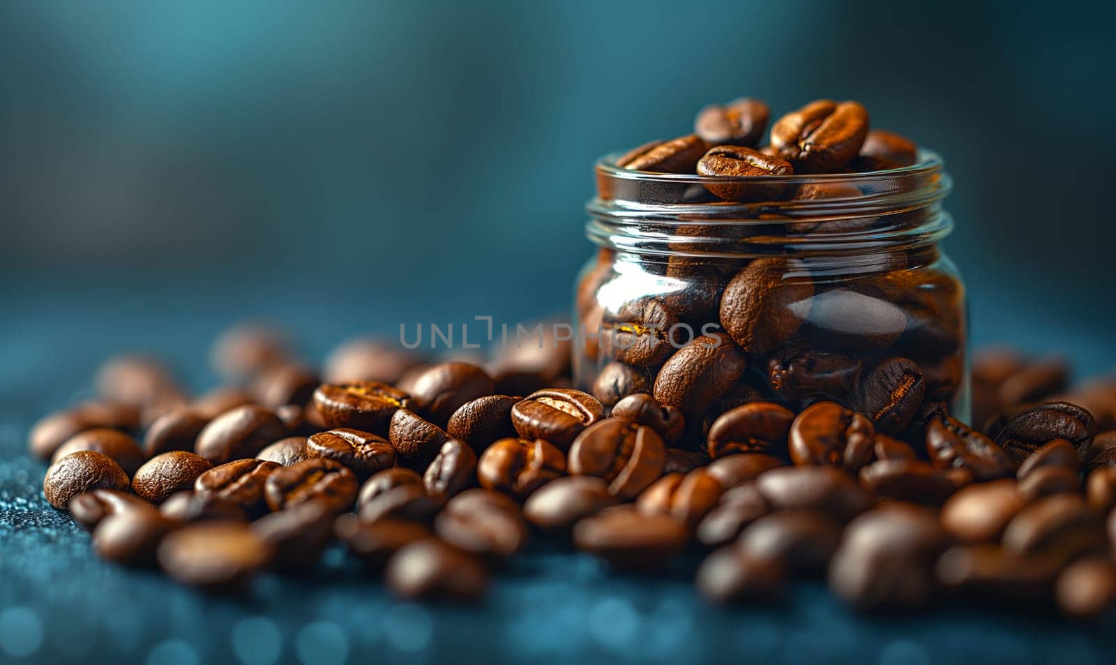 Roasted coffee beans on the table and in a glass jar. Selective soft focus.