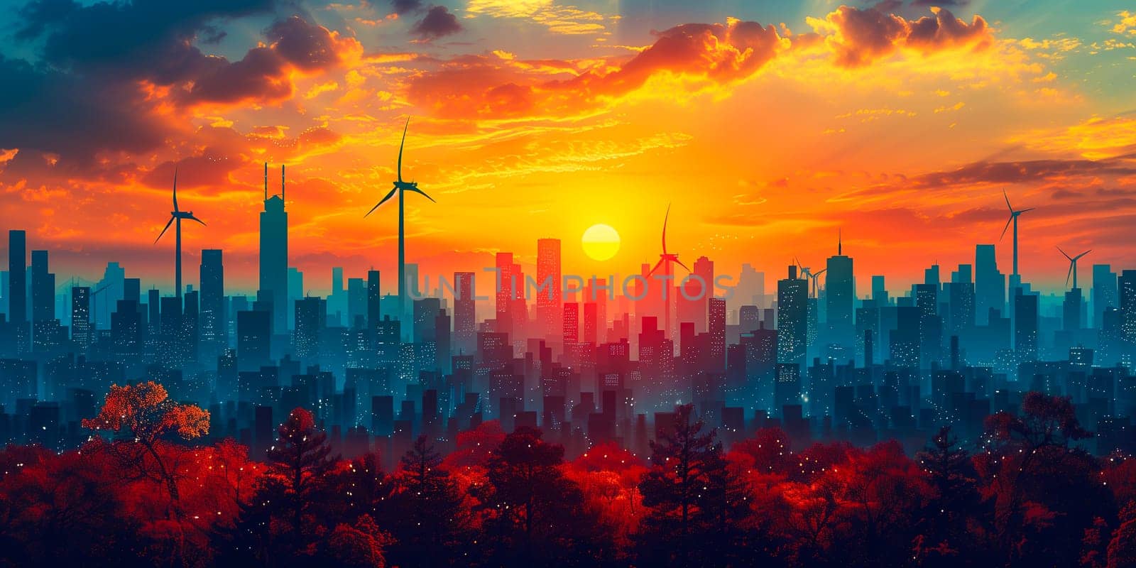 Big city with skyscrapers and wind turbines in background. Concept of sustainable energy solution in beautiful sunset backlit.